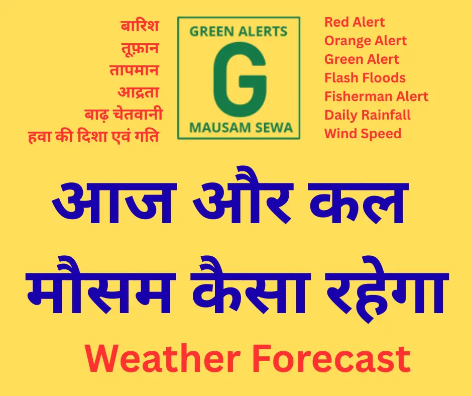 आज का मौसम (Today's weather), बारिश (Rain), मौसम पूर्वानुमान (Weather forecast), आज शाम का मौसम (Evening weather) अगले 15 दिन का मौसम (Weather for the next 15 days), अगले 10 दिन का मौसम (Weather for the next 10 days), अगले 5 दिन का मौसम (Weather for the next 5 days), मौसम विज्ञान (Meteorology), मौसम विभाग (Weather department), भारत मौसम विज्ञान विभाग (India Meteorological Department - IMD), लाइव मौसम (Live weather), मौसम चेतावनी (Weather alert), मॉनसून (Monsoon), मौसम अपडेट (Weather update), मौसम नेटवर्क (Weather network), तापमान (Temperature), आंधी-तूफान (Storm), बाढ़ चेतावनी (Flood warning), वज्रपात (Lightning) आर्द्रता (Humidity), भारी बारिश (Heavy rainfall), मौसम समाचार (Weather news), रेड अलर्ट (Red alert), ऑरेंज अलर्ट (Orange alert), येलो अलर्ट (Yellow alert), मौसम रडार (Weather radar), पश्चिमी विक्षोभ (Western disturbance), मॉनसून अपडेट (Monsoon update), स्थानीय मौसम (Local weather),