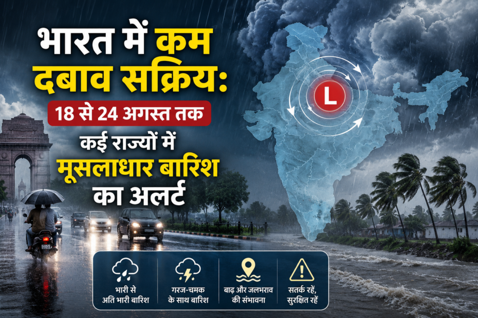 Weather alert graphic showing a map of India with rain cloud icons over multiple states, a low-pressure system marked “L” over the Bay of Bengal, and Hindi text warning of heavy rainfall from 18 to 24 August, with icons for heavy rain, lightning risk, and flood/waterlogging danger against a rainy roadside background.