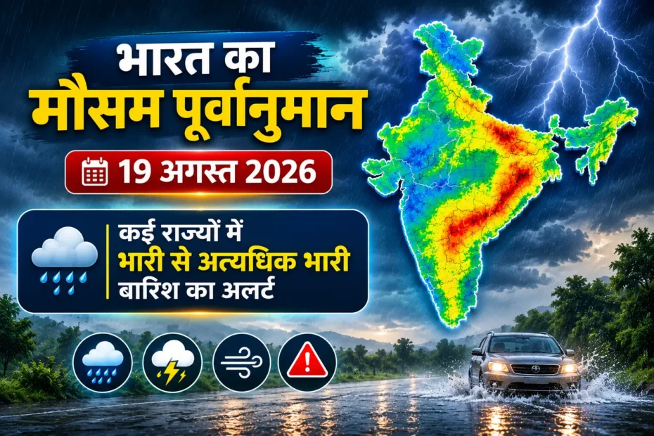 Weather alert graphic showing a map of India with rain cloud icons over multiple states, a low-pressure system marked “L” over the Bay of Bengal, and Hindi text warning of heavy rainfall from 19 to 25 August, with icons for heavy rain, lightning risk, and flood/waterlogging danger against a rainy roadside background.