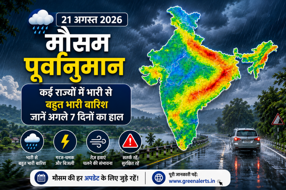 Weather alert graphic showing a map of India with rain cloud icons over multiple states, a low-pressure system marked “L” over the Bay of Bengal, and Hindi text warning of heavy rainfall from 21 to 27 August, with icons for heavy rain, lightning risk, and flood/waterlogging danger against a rainy roadside background.