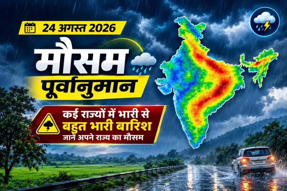 Weather alert graphic showing a map of India with rain cloud icons over multiple states, a low-pressure system marked “L” over the Bay of Bengal, and Hindi text warning of heavy rainfall from 24 to 30 August, with icons for heavy rain, lightning risk, and flood/waterlogging danger against a rainy roadside background.