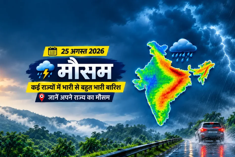 Weather alert graphic showing a map of India with rain cloud icons over multiple states, a low-pressure system marked “L” over the Bay of Bengal, and Hindi text warning of heavy rainfall from 25 to 31 August, with icons for heavy rain, lightning risk, and flood/waterlogging danger against a rainy roadside background.