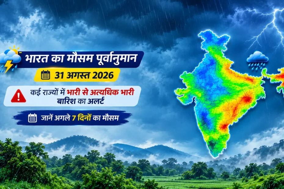 Weather alert graphic showing a map of India with rain cloud icons over multiple states, a low-pressure system marked “L” over the Bay of Bengal, and Hindi text warning of heavy rainfall from 31 August to 06 September 2026, with icons for heavy rain, lightning risk, and flood/waterlogging danger against a rainy roadside background.