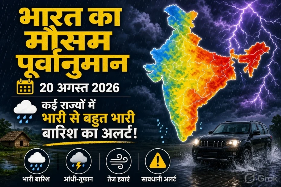 Weather alert graphic showing a map of India with rain cloud icons over multiple states, a low-pressure system marked “L” over the Bay of Bengal, and Hindi text warning of heavy rainfall from 20 to 26 August, with icons for heavy rain, lightning risk, and flood/waterlogging danger against a rainy roadside background.
